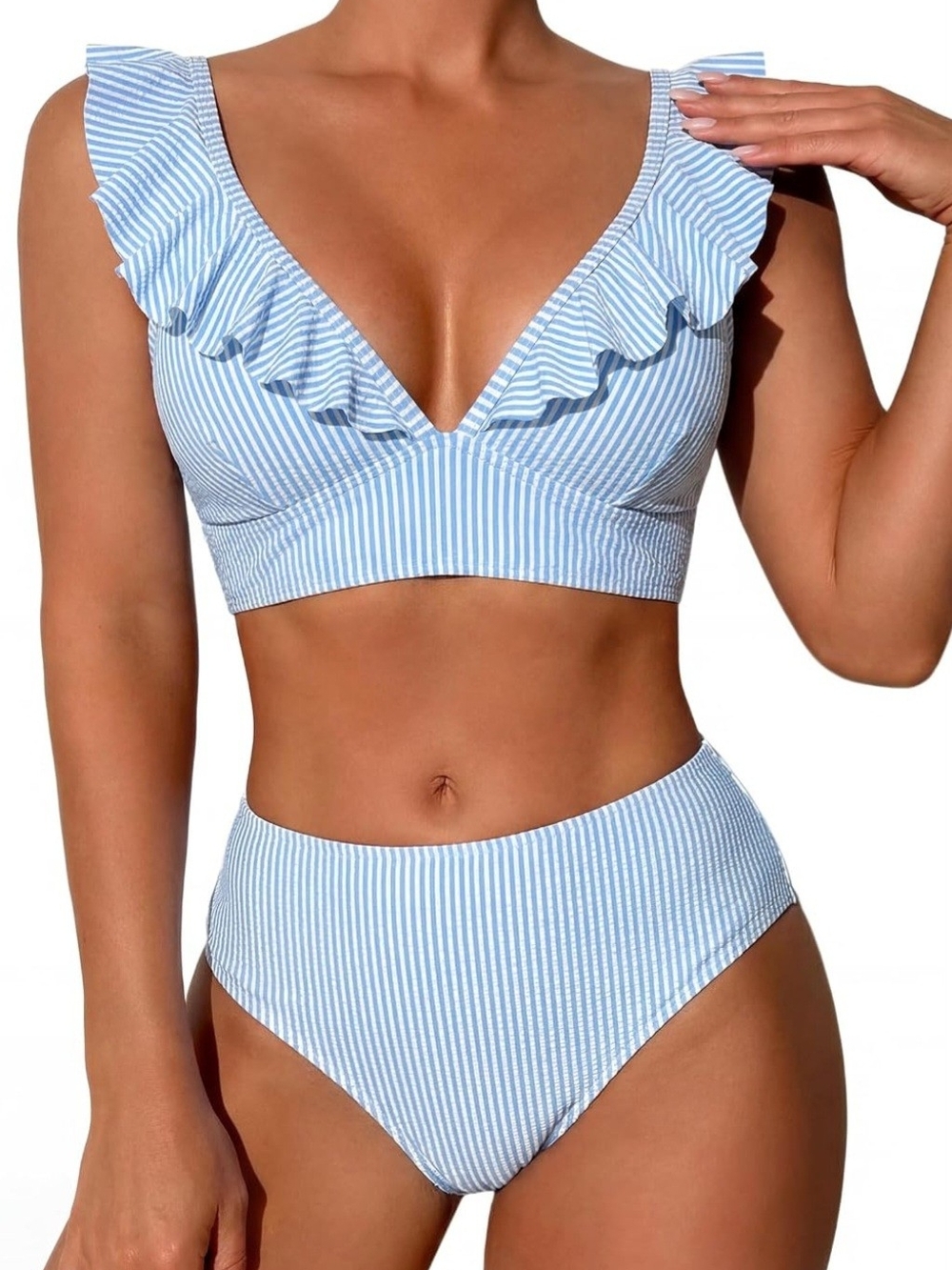Blue Stripe Ruffle V-Neck High-Waist Women's Bikini. Size Large. NWT.